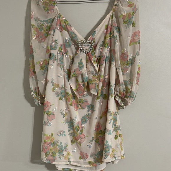 For Love Lemons Georgina Embellished Hearts Floral Babydoll Swing Mini Dress L - Picture 4 of 7